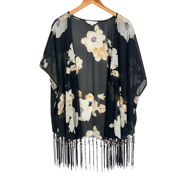 Pia Rossini Black Floral Kimono Tassel Seashells One Size Resortwear Boho Shawl - Picture 1 of 12